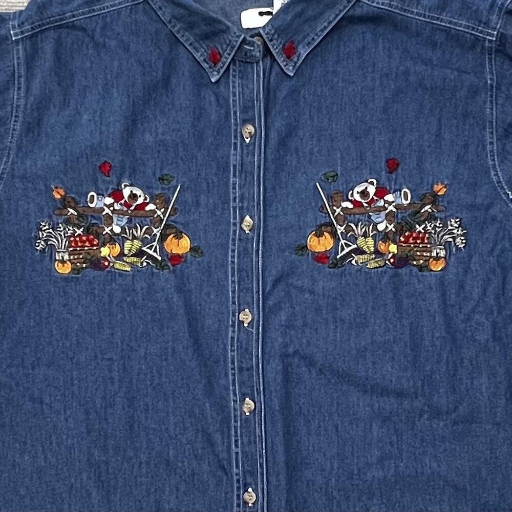 Bobbie Brooks Denim Shirt Embroidered Fall Thanksgiving Pumpkins Size 26W-28W